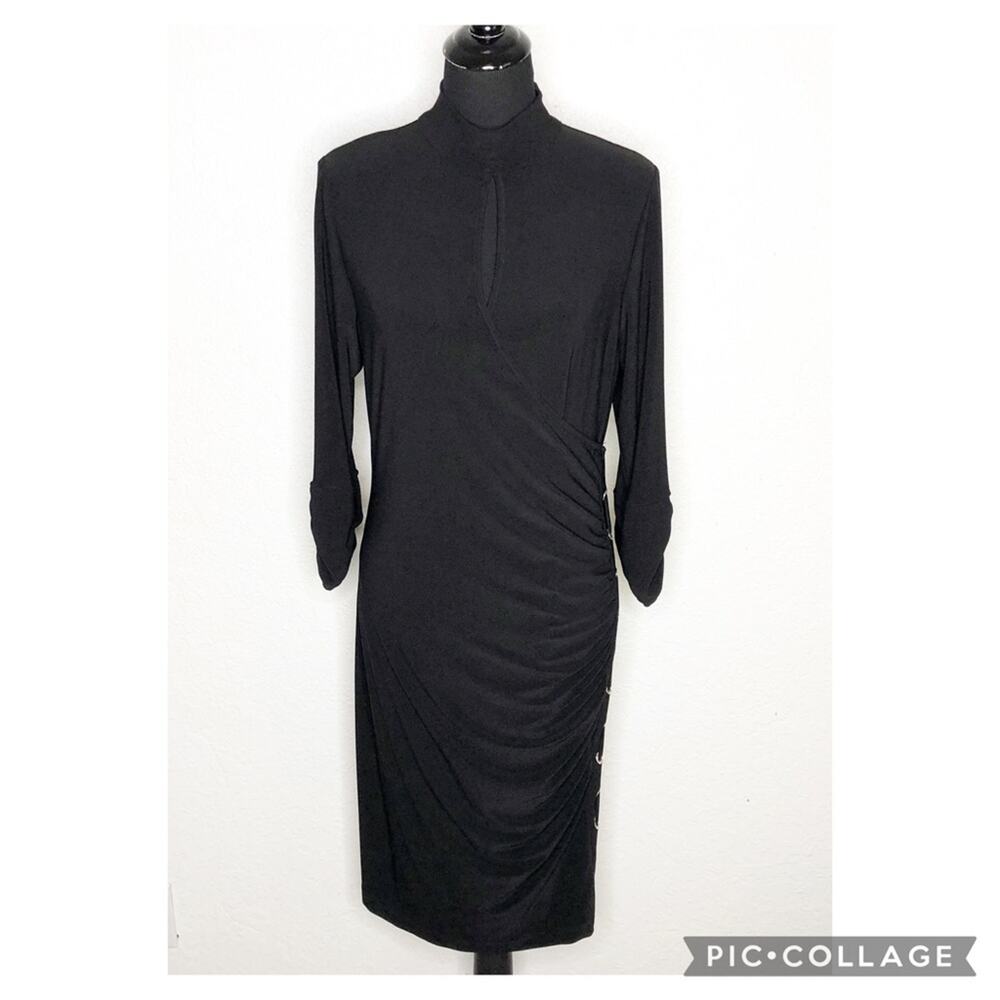 Frank Lyman Design black faux wrap rhinestone button midi dress size US 14